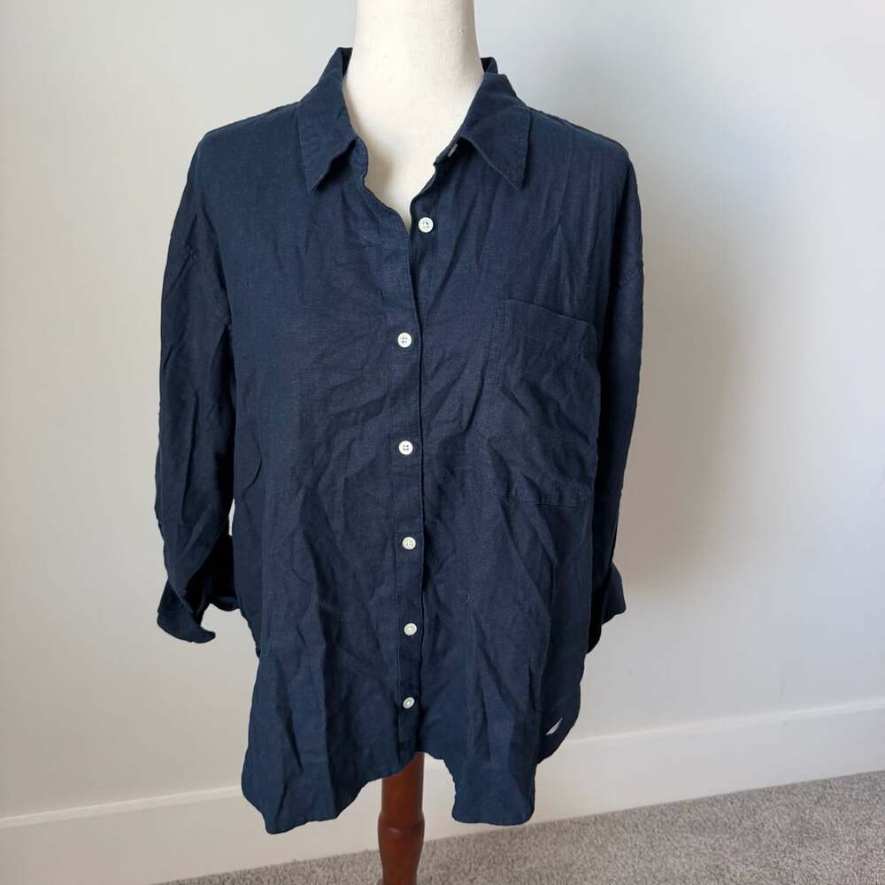 Nautica Button Down Shirt Size XL Navy Seas Linen Viscose